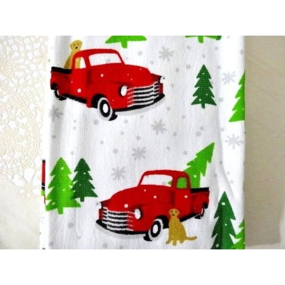 Peppermint Square Home for the Holiday 2 Kitchen Towels Red Truck Dog Trees NWT - Picture 2 of 3
